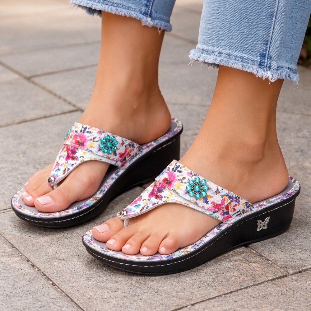 Alegria Women's Floral Wedge Thong Sandals with Turquoise Accent